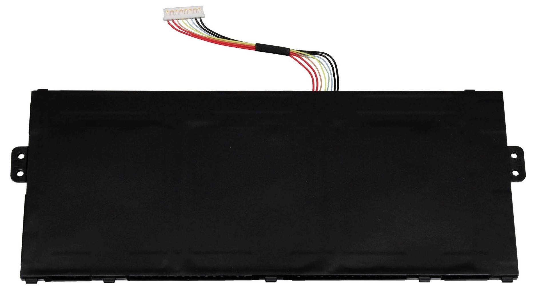 Čierny obdĺžnikový elektronický modul s montážnymi uškami na boku a viacfarebným kablážom pripojeným na vrchu.