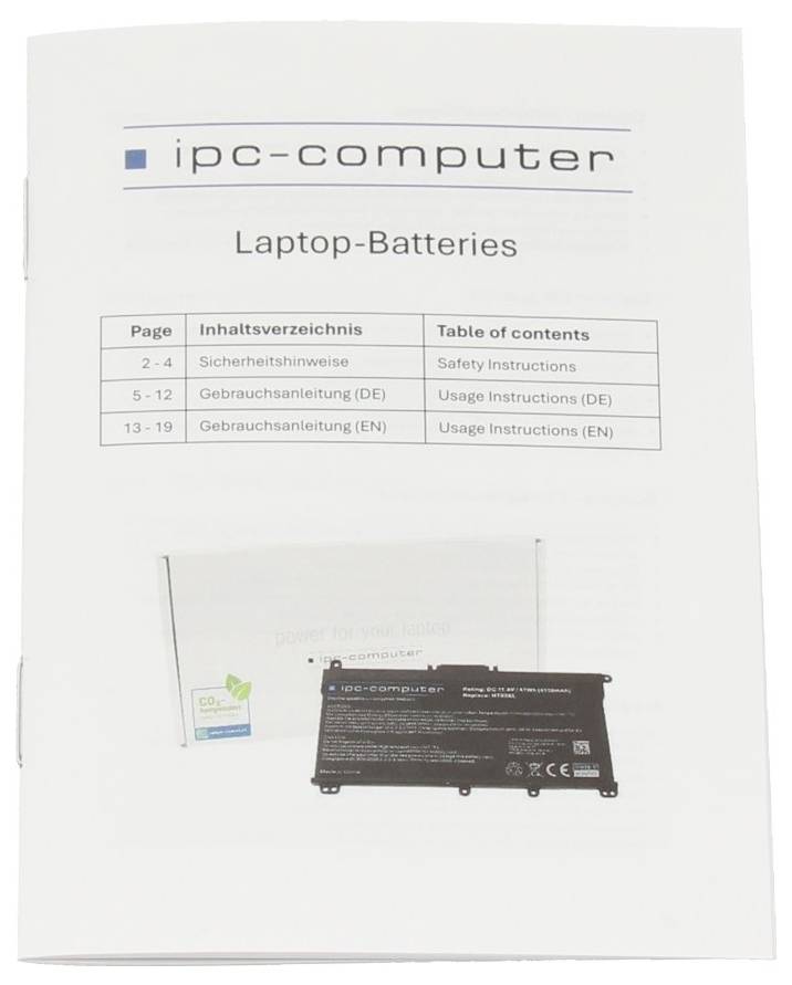 Obálka brožúry 'ipc-computer' s názvom 'Laptop batérie', zobrazujúca obsah a fotografiu batérie do notebooku s obalom.