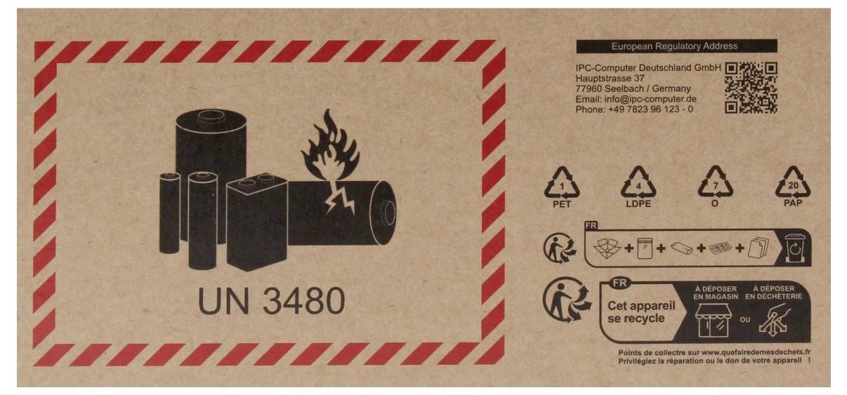 Štítok na prepravу lítiových batérií označený 'UN 3480' s hazardným symbolom a pokynmi na recykláciu/zneškodnenie na pravej strane.