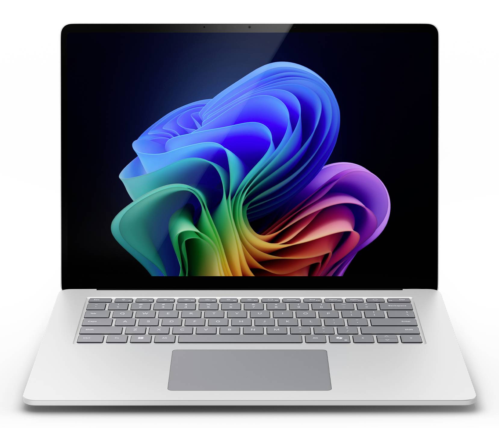 Strieborný notebook s čiernou obrazovkou zobrazujúcou farebne abstraktné vírivé tapety na bielom pozadí.