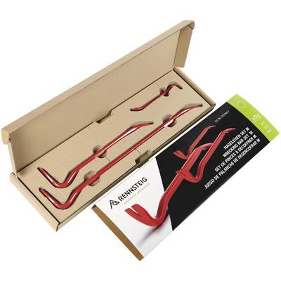 Balený červený kovový súbor nástrojov na krb alebo kachľu s tromi zahákovacími prístrojmi a obalom označeným "RENNSTEIG" a "fireplace set".