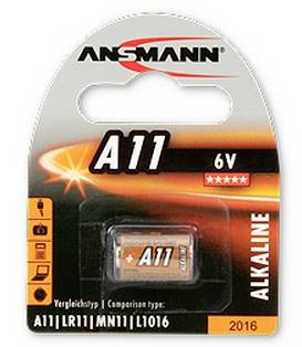 Ansmann A11 alkalická batéria 6V v maloobchodnom balení, označená A11, LR11, MN11 a L1016, s jedinou batériou viditeľnou v blisterovom balení.