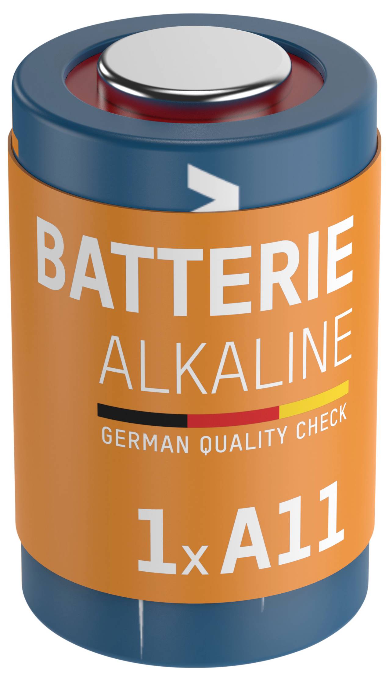 Alkalická batéria Orange A11 s označením "BATTERIE ALKALINE" a "1x A11" s nemeckým branding kontroly kvality.
