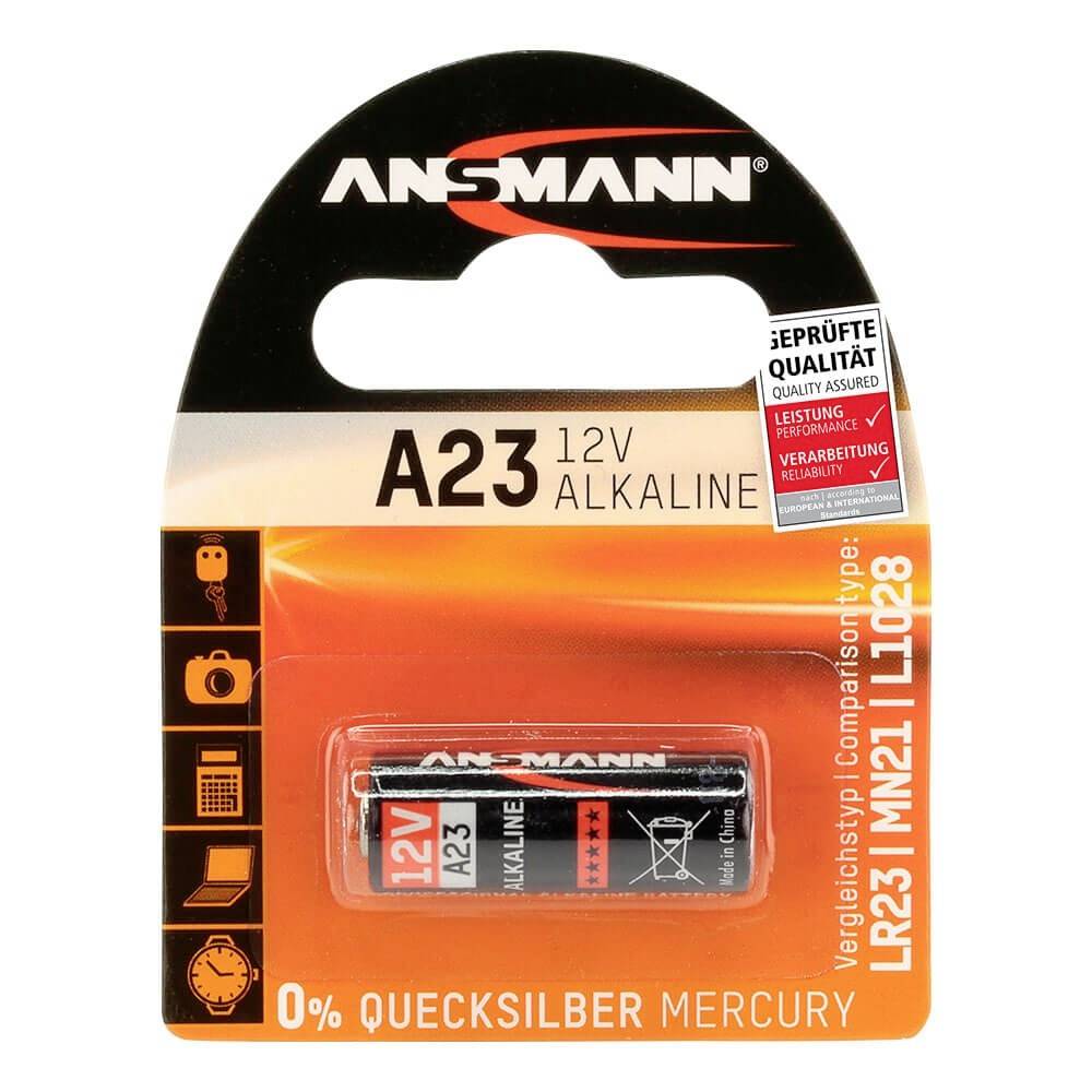 Ansmann A23 12V alkalická batéria v maloobchodnom balení s blistrom, označená "0% QUECKSILBER MERCURY" a "A23 12V ALKALINE".