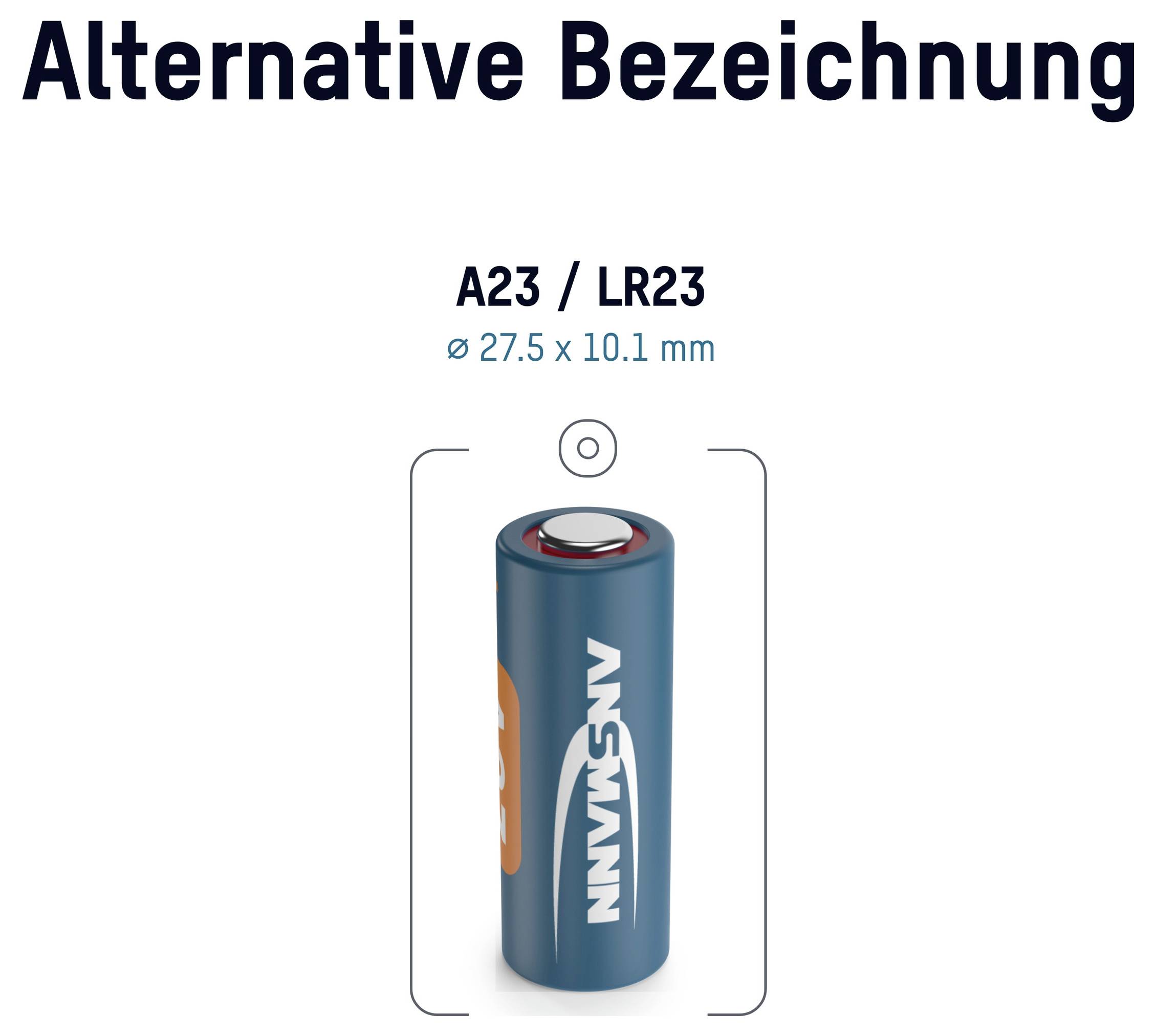 Ilustrácia batérie A23/LR23 s označením "Alternatívne označenie" a "ø 27,5 x 10,1 mm", s rozmermi v zátvorkách okolo batérie.