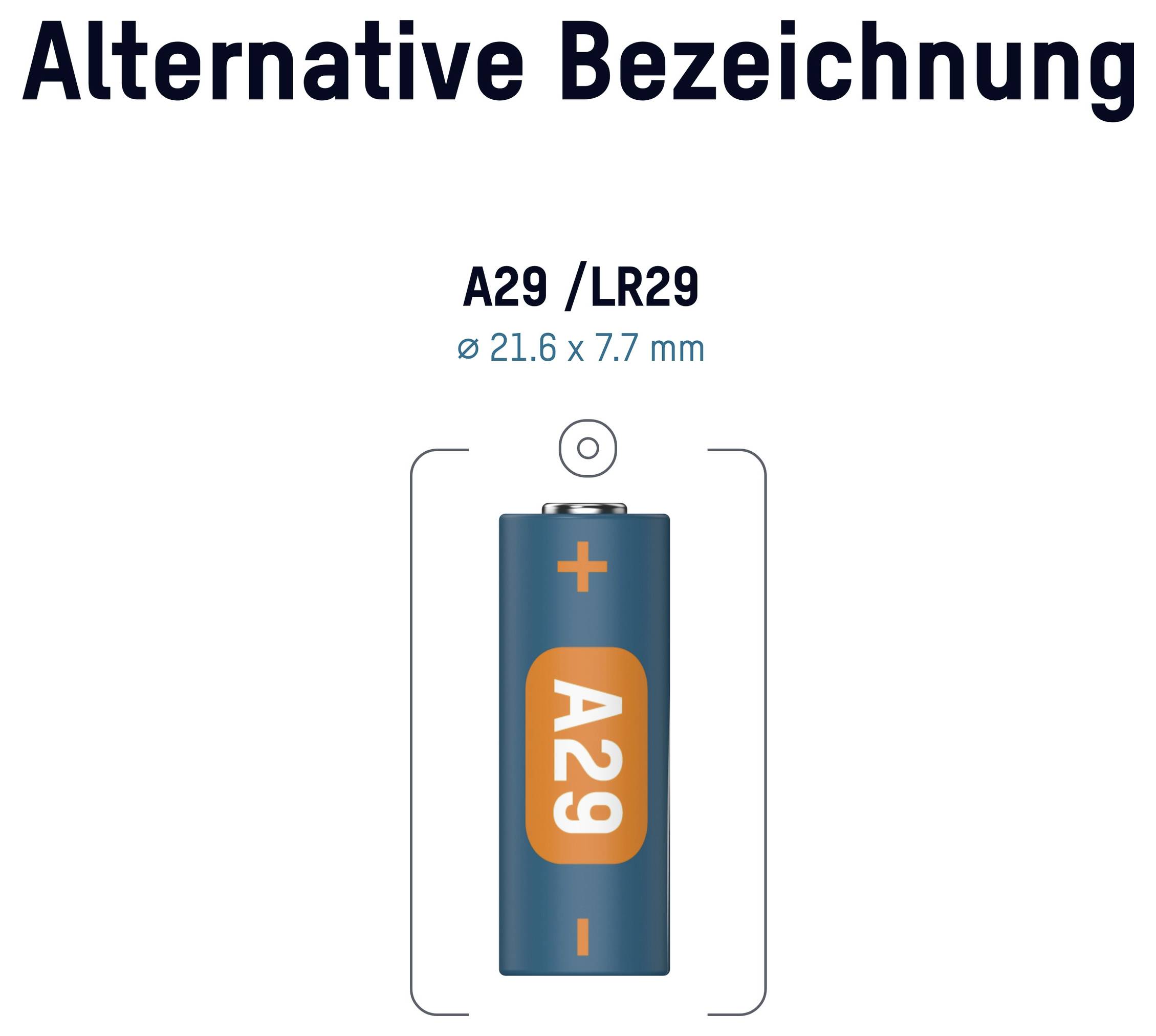 Diagram batérie A29/LR29 s označením "Alternatívne označenie", s rozmermi ø 21,6 x 7,7 mm a pozitívnym/negatívnym pólom.