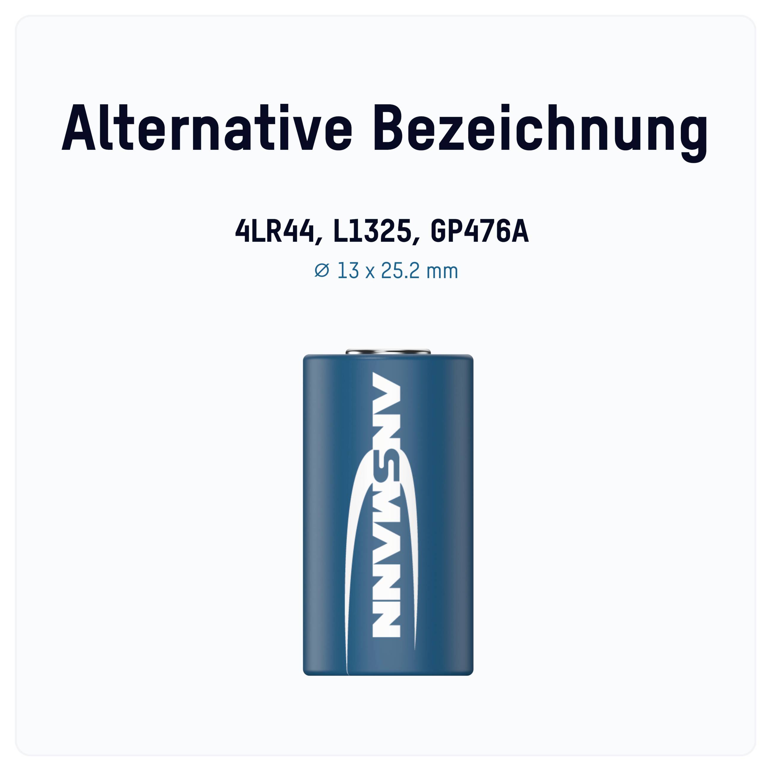 Grafika zobrazujúca batériu s označením "Alternatívne označenie" s ekvivalentnými názvami 4LR44, L1325, GP476A a rozmerom ø 13 x 25,2 mm.