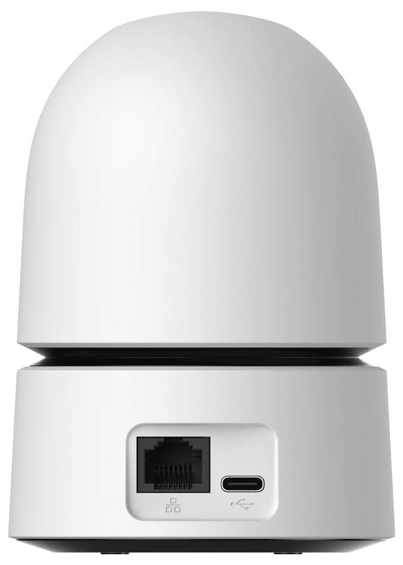 Biely valcový inteligentný domáci hub so zaoblenými hornom, na prednej strane je zobrazený port Ethernet a port USB-C.