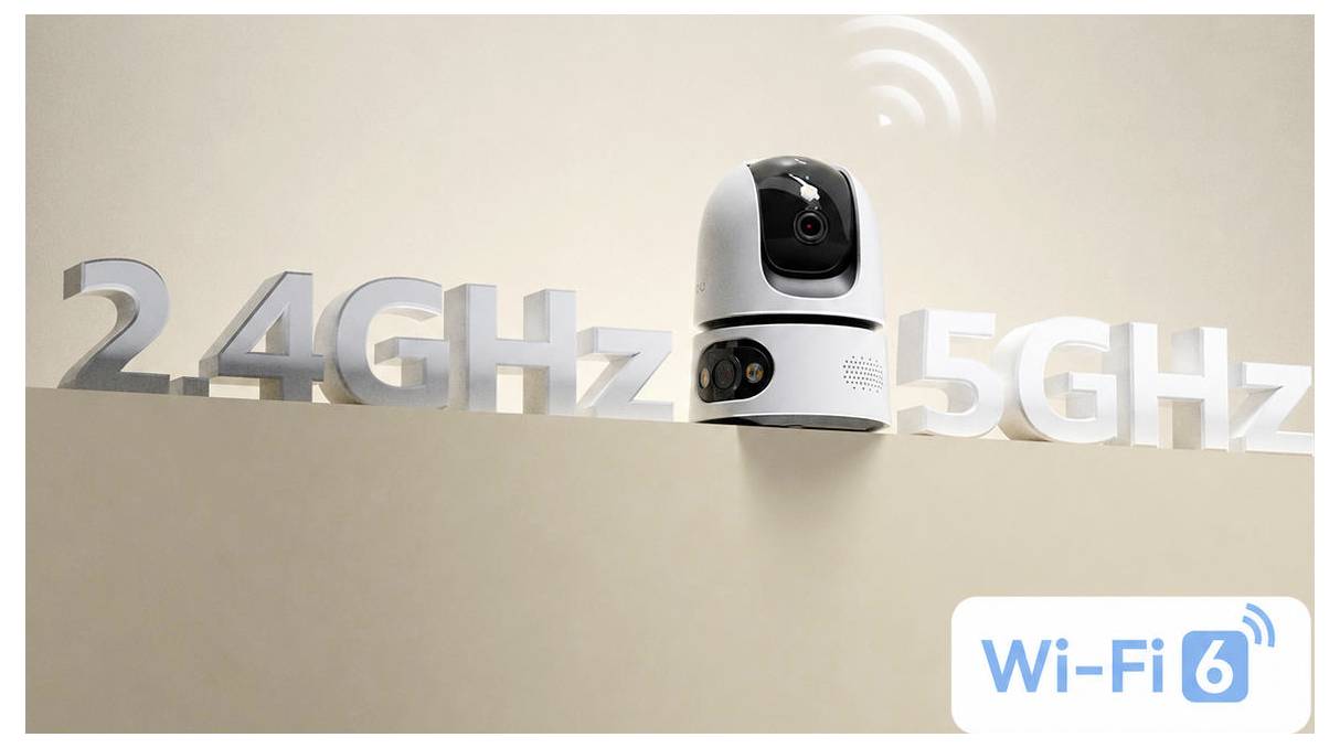 Kamera Wi-Fi 6 so signálnymi vlnami, umiestnená medzi označeniami "2.4GHz" a "5GHz", ktorá poukazuje na duálpásmovú bezdrôtovú konektivitu.