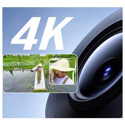 4K reklamný obrázok s veľkým objektívom a zobrazením osoby v slamennom klobúku na móle pri jazere