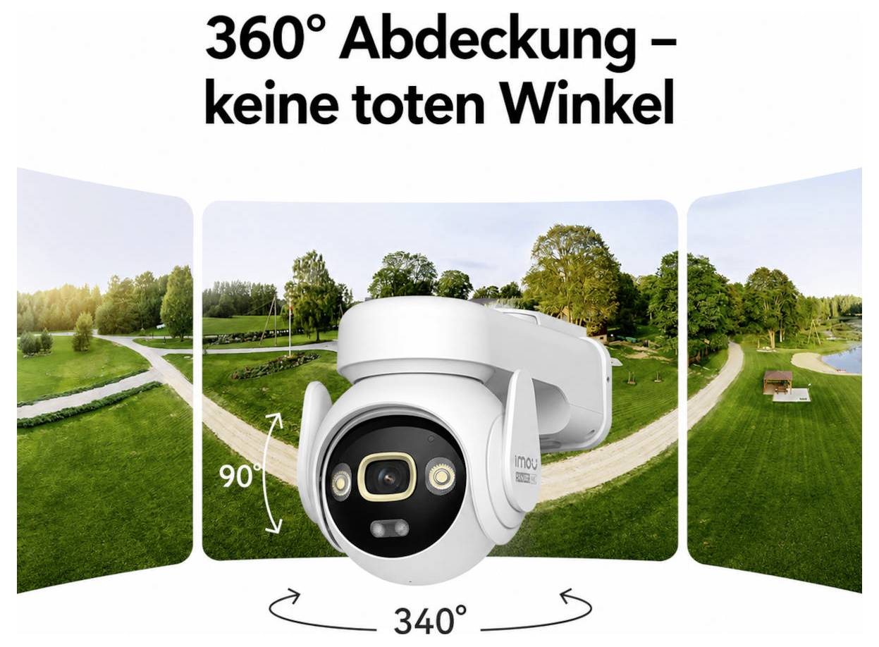 Reklamná grafika s bezpečnostnou kamerou pred krajinou s parkom; text: „360° pokrytie – žiadne mŕtve uhly" a odkaz na 340° rotáciu.