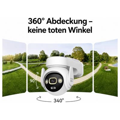 Reklamná grafika s bezpečnostnou kamerou pred krajinou s parkom; text: „360° pokrytie – žiadne mŕtve uhly" a odkaz na 340° rotáciu.