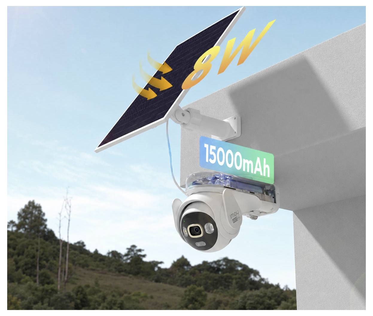 Solárna monitorovacia kamera na stenách domu s batériou 15000mAh a 8W panelom.