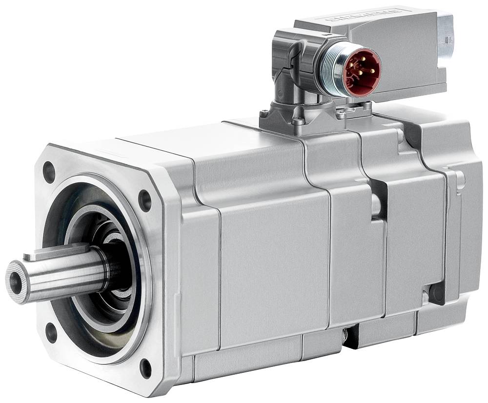 Priemyselný elektrický servomotor s vyčnievajúcim hriadeľom a konektorom na hornej strane na bielom pozadí