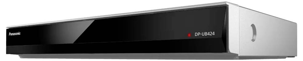 Prehrávač Blu-ray Panasonic DP-UB424 v čiernej a striebornej farbe zobrazený v prednom pohľade v štýle produktu s názvom modelu na displeji.