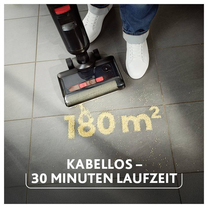 Bezdrôtový vysávač na dlaždicích vysáva rozliate materiály; text spomína „180 m²" a „30 minút prevádzkovej doby".
