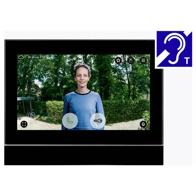 Obrazovka videozvonom ukazuje ženu stojiacu vonku; ikona ucha s "T" naznačuje audio kompatibilné s načúvacími prístrojmi.