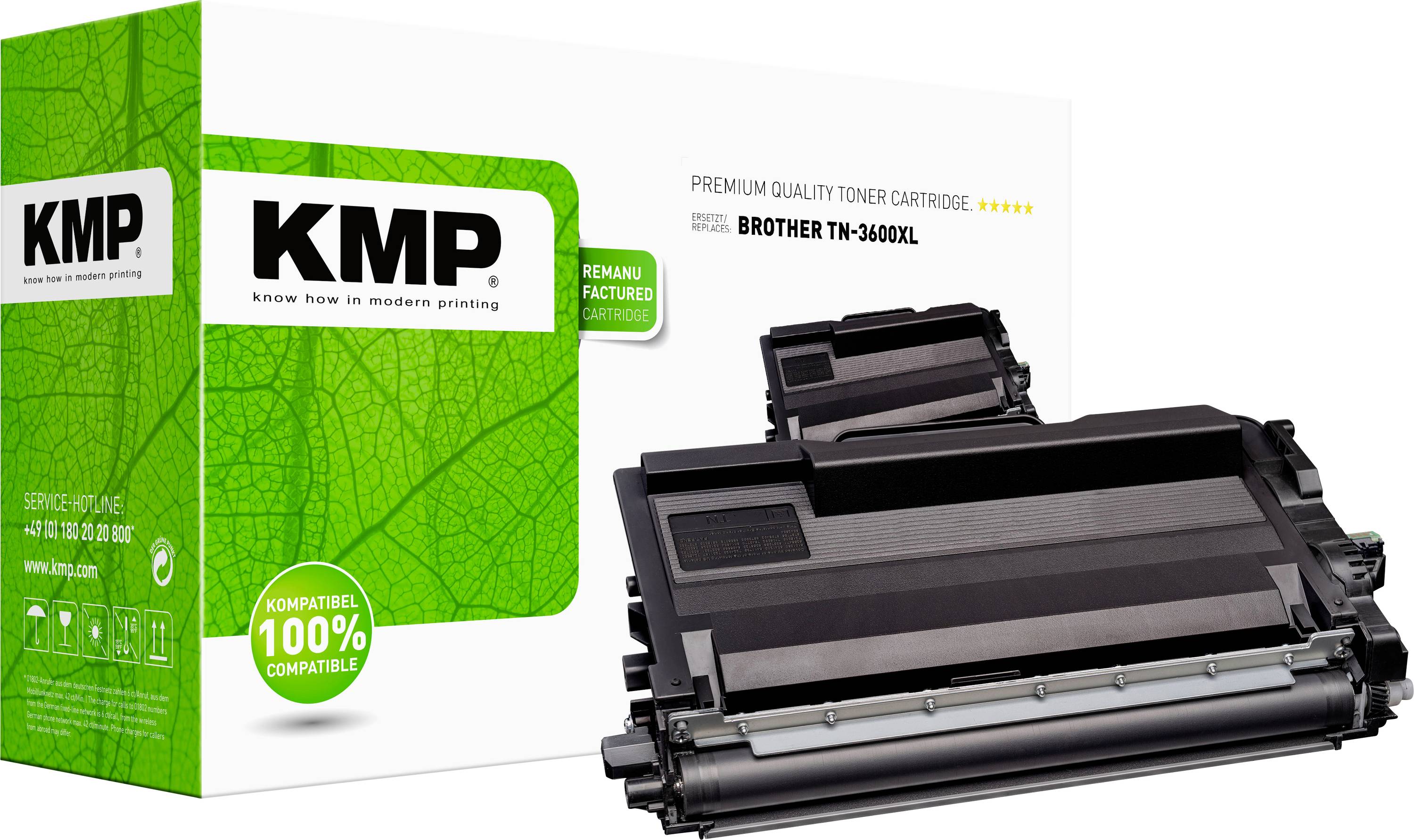 KMP Brother TN-3600XL tonerová kazeta balenie a kazeta, označená "prémium kvalitný tonerový cartridge" a "KOMPATIBEL 100% KOMPATIBILNÝ" na zelenom boxe.