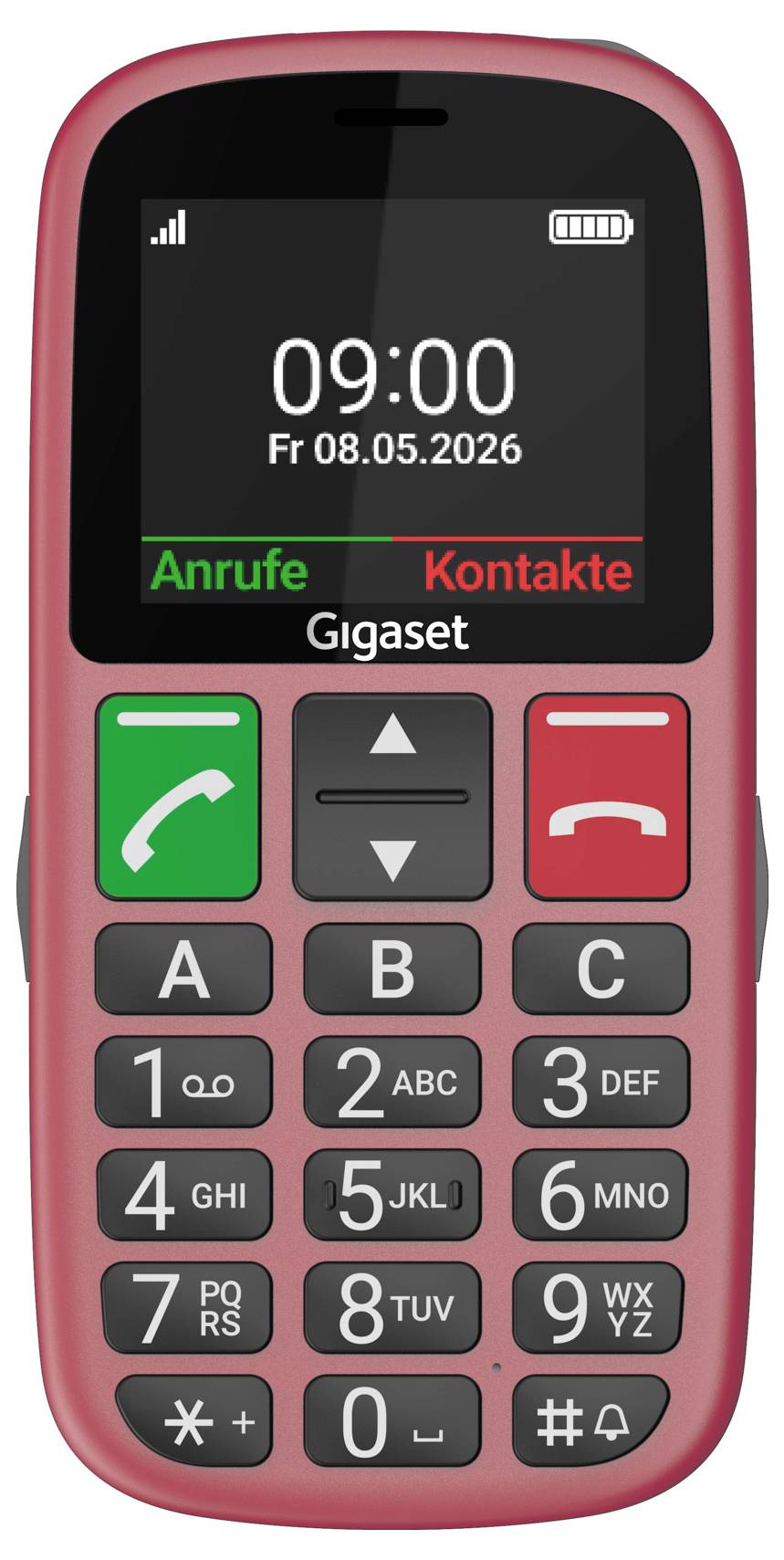 Červený mobilný telefón Gigaset zobrazujúci 09:00, Pia 08.05.2026, s ponukami "Anrufe" a "Kontakte" nad fyzickou klávesnicou.
