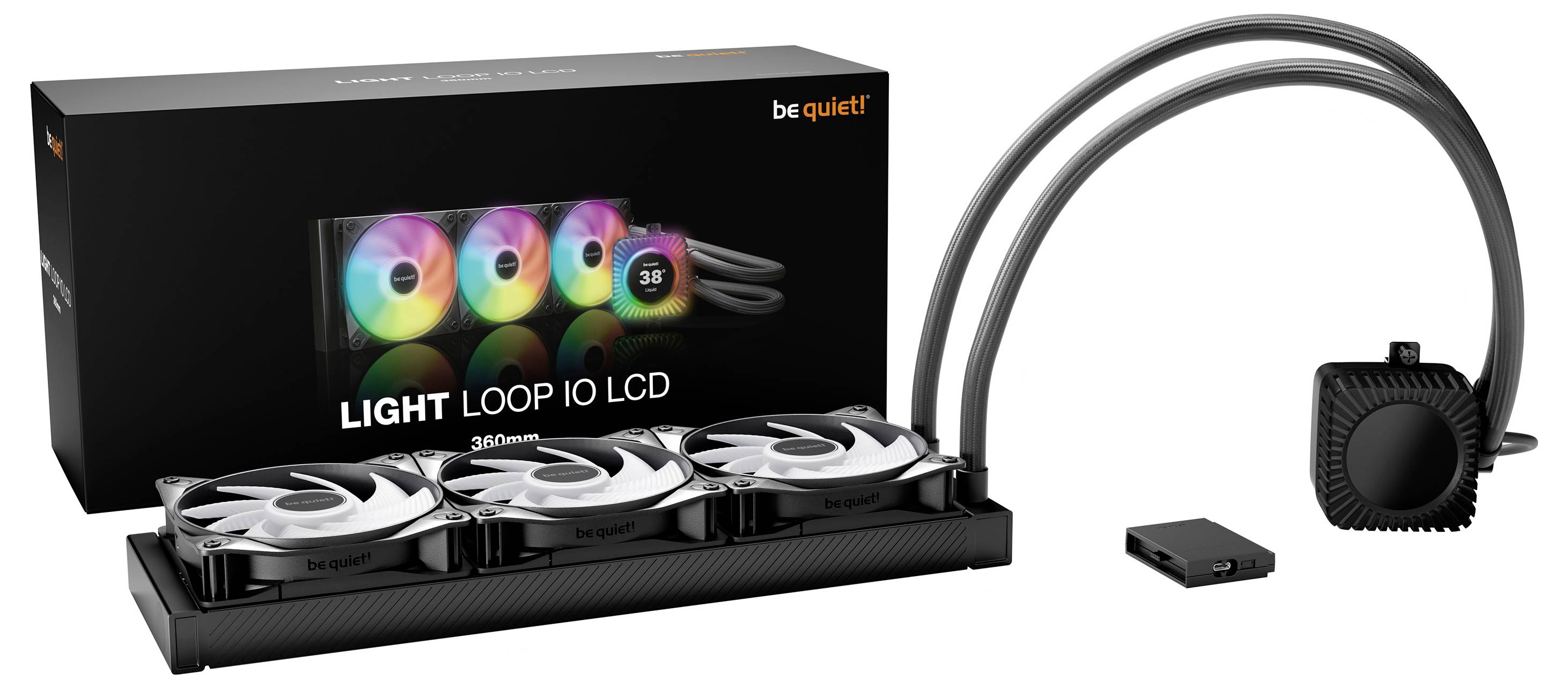 Buď ticho! Chladič procesora Light Loop 360mm s LCD displejom a kvapalinou, s tromi RGB ventilátorom, chladiacim telesom, čerpadlom a riadiacim modulom zobrazený s maloobchodným balením.