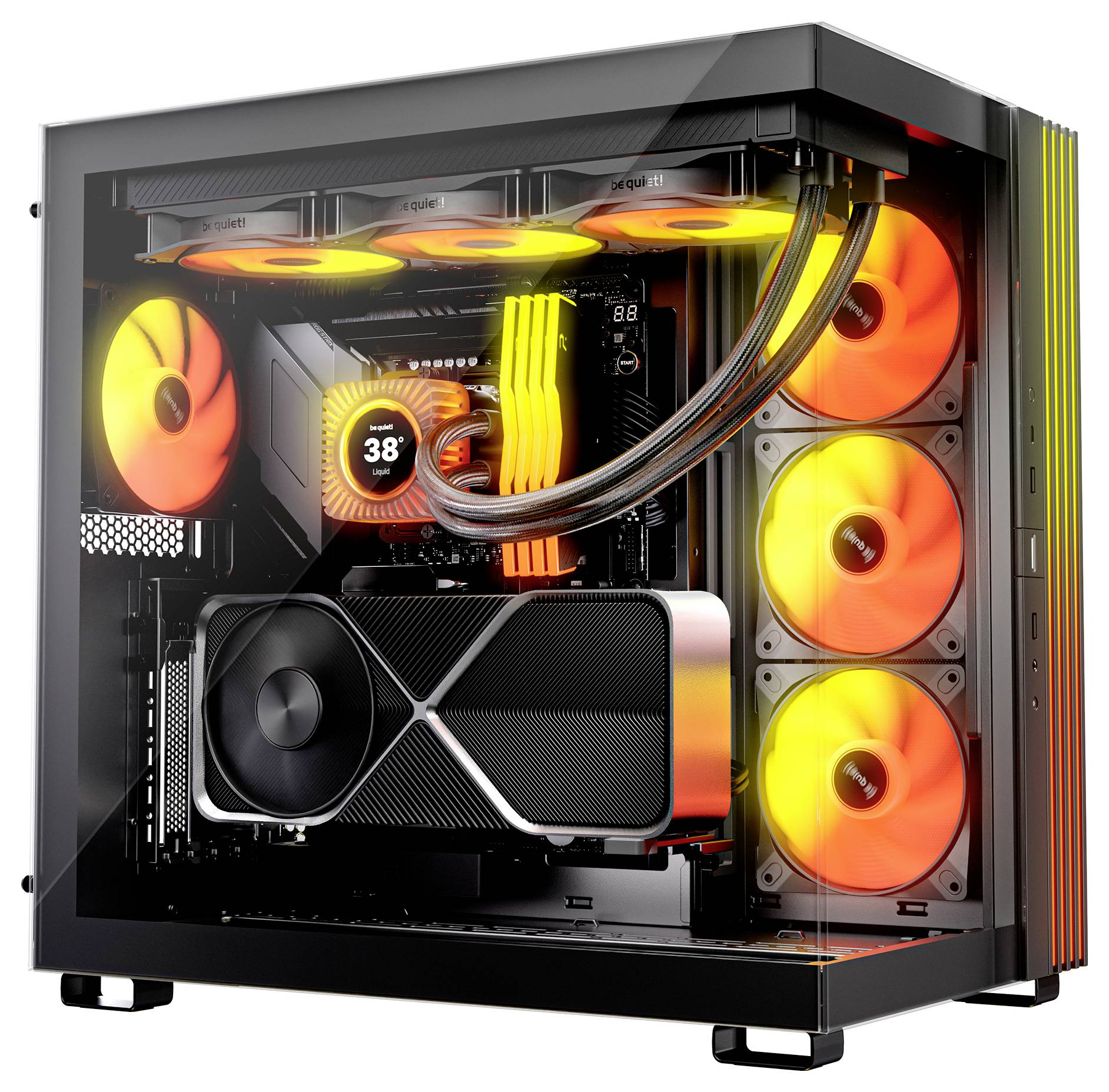 Stolný počítač s priehľadným bočným panelom, RGB osvetlenými ventilátormi, kvapalinového chladenia a viditeľnou grafickou kartou vnútri skrine.