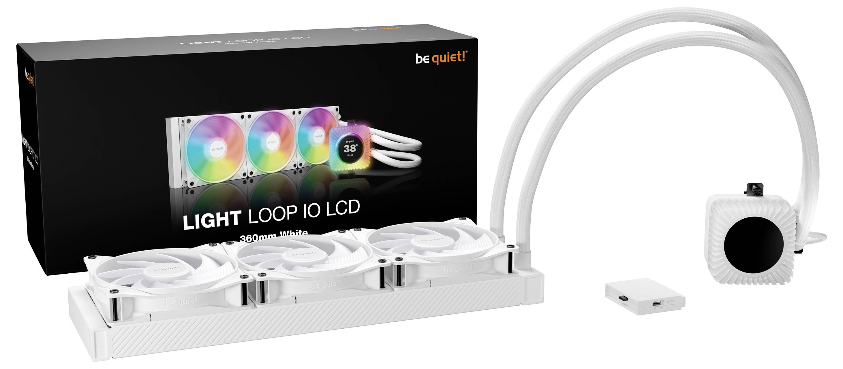 Biela buď ticho! Light Loop 10 LCD chladič CPU kvapaliny s tromi RGB fanmi, štvorcovým LCD čerpadlom, hadičkami, riadiacim boxom a maloobchodným balením.