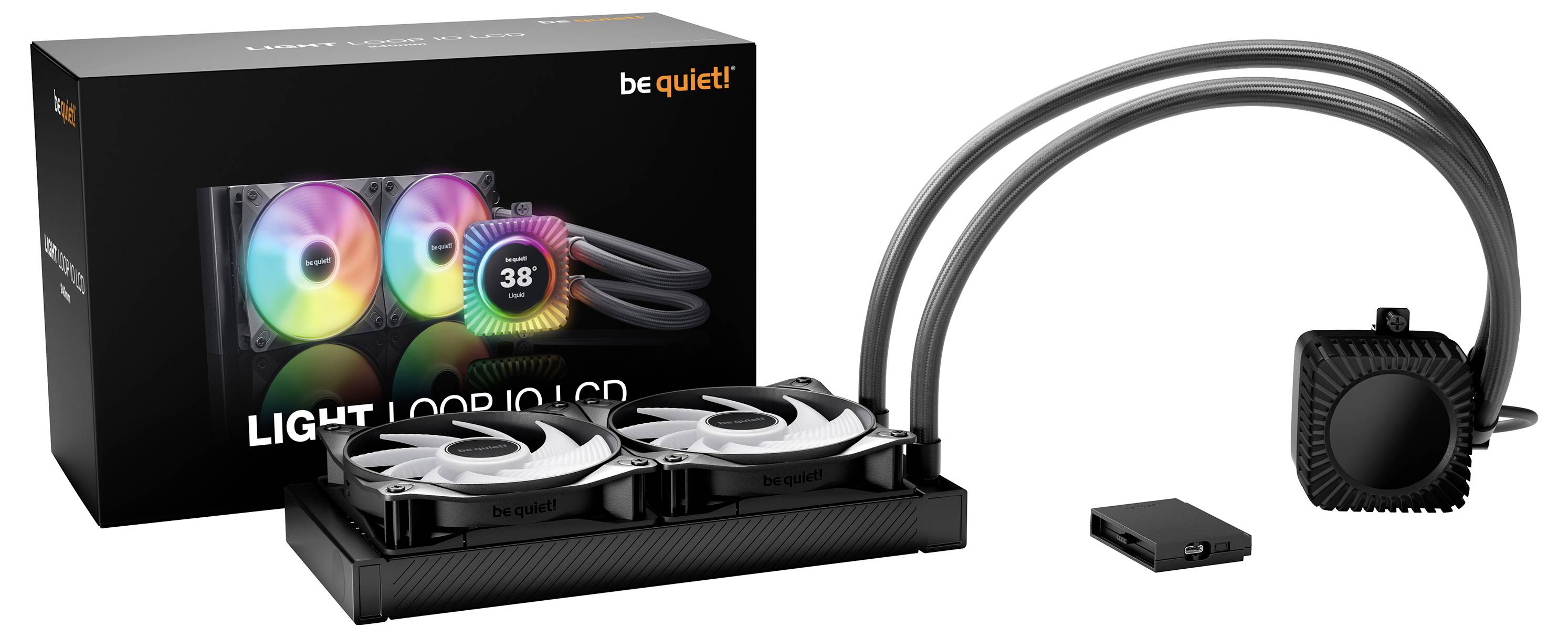 Buď ticho! Chladič CPU Light Loop 360 s tekutinou s RGB ventiláторmi, čerpadlom, potrubiami, montážnym hardvérom a originálnym balením zobrazeným na bielom pozadí