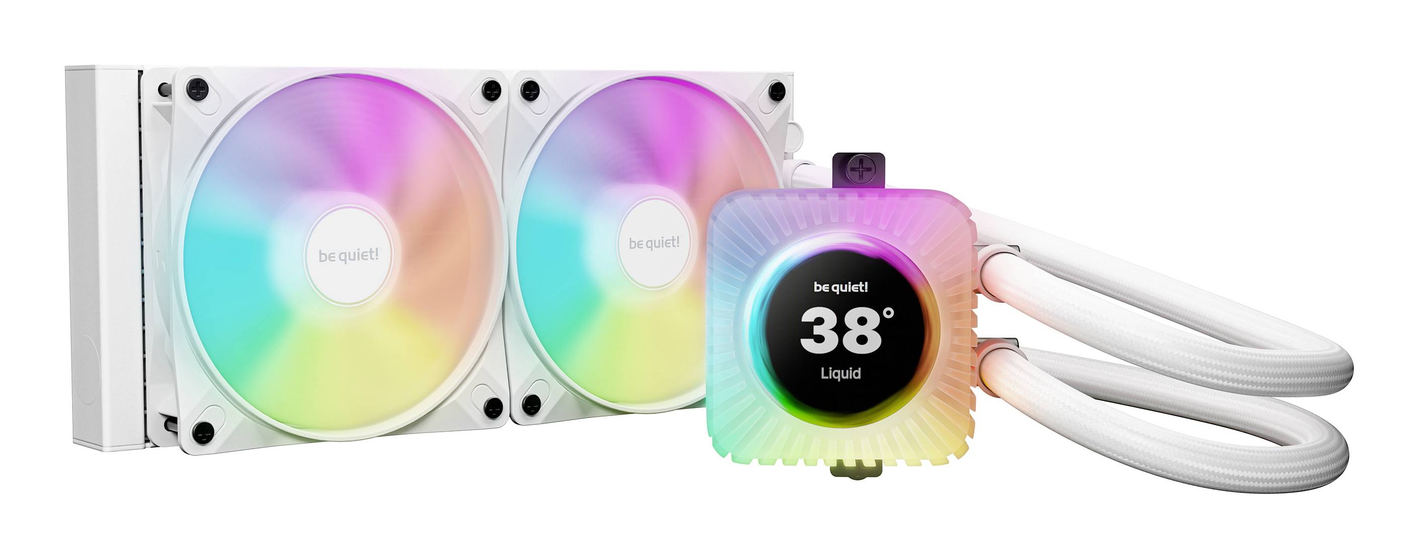 Biely kvapalný chladič procesora s dvoma RGB osvetlenými ventilátorikmi a svietiacim displejom čerpadla zobrazujúcim „38°", s bielou trubicou pripojenou.