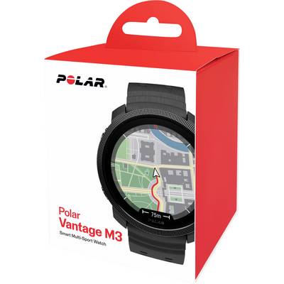Produktová škatuľa pre inteligentné multisportovné hodinky Polar Vantage M3, na displeji sú zobrazené hodinky s navigáciou na mape.