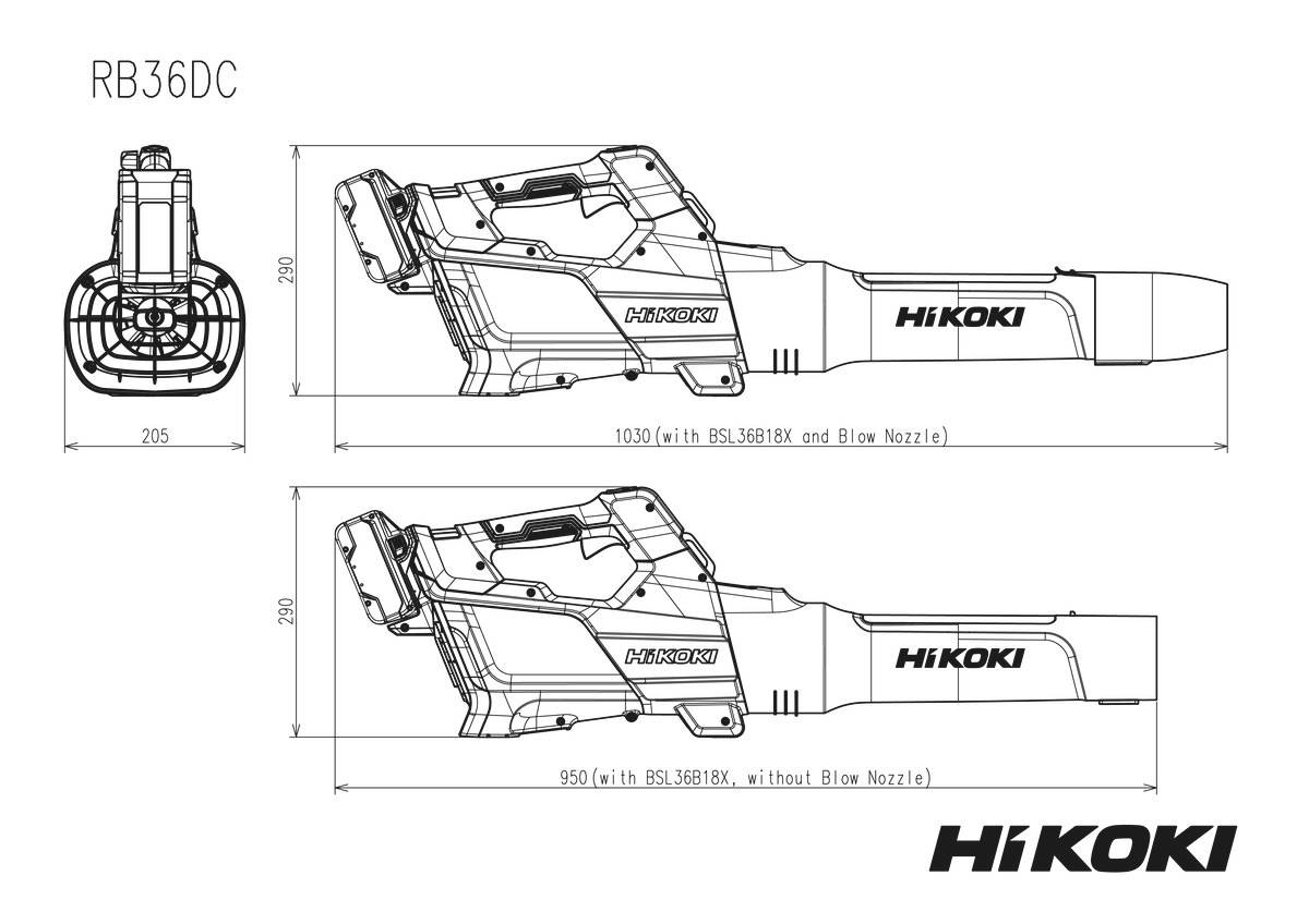 Technický výkres HiKOKI RB36DC bezdrôtového fúka zobrazujúci pohľad spredu a zboku s rozmermi a dve konfigurácie s tryskou na fúkanie a bez nej.