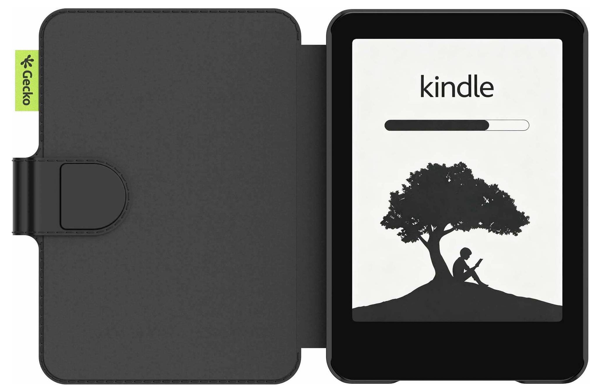 Čierne puzdro v podobe knihy obsahujúce čítačku Kindle e-reader, zobrazené otvorené s obrazovkou zobrazujúcou slovo "kindle" nad ukazovateľom pokroku čítania a siluetou osoby pod stromom.