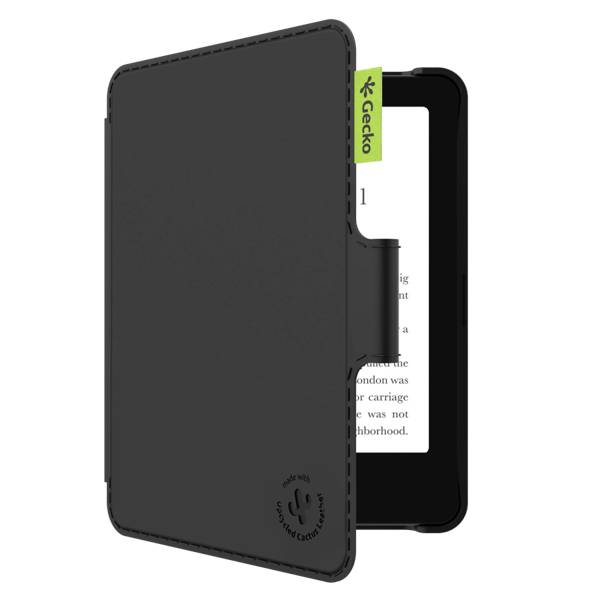 Puzdro na čítačku Black Gecko folio s magnetickým krytom, zobrazené otvorené s tabletom alebo e-čítačkou vo vnútri.