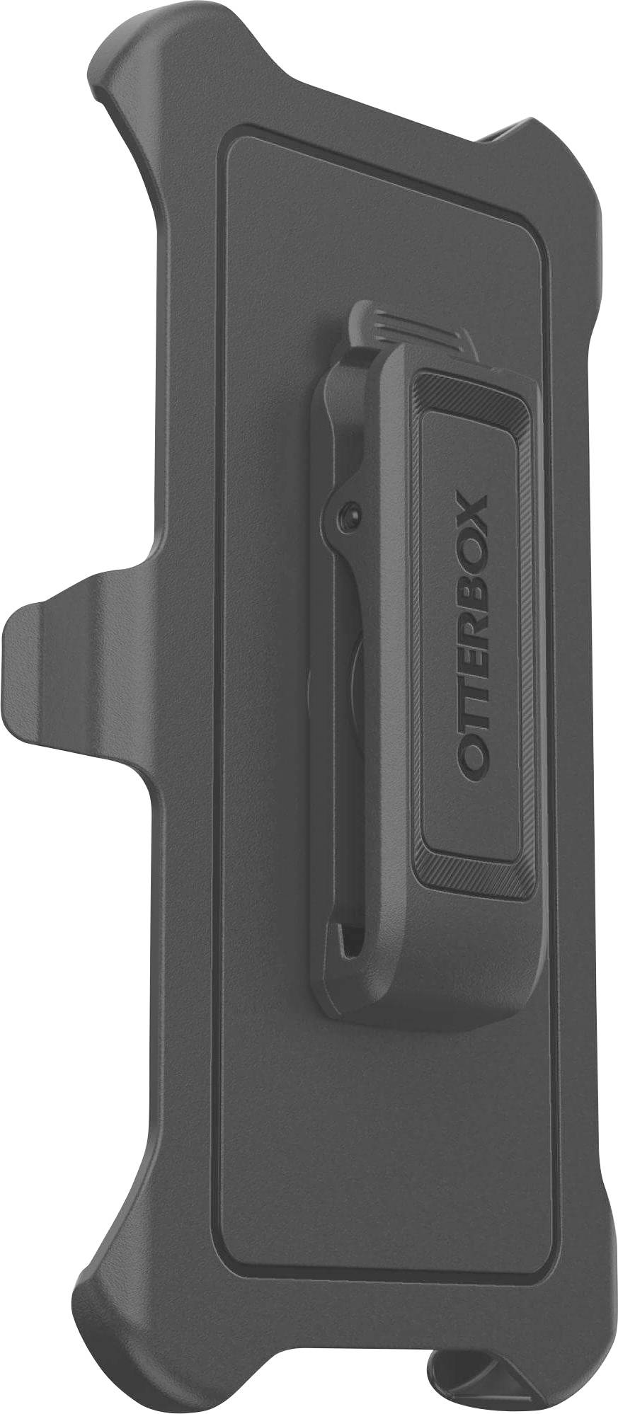OtterBox čierne odolné puzdro na telefón s vstavaným klipom na opasok a pripojením púzdra, zobrazené v pohľade spredu na bielom pozadí.