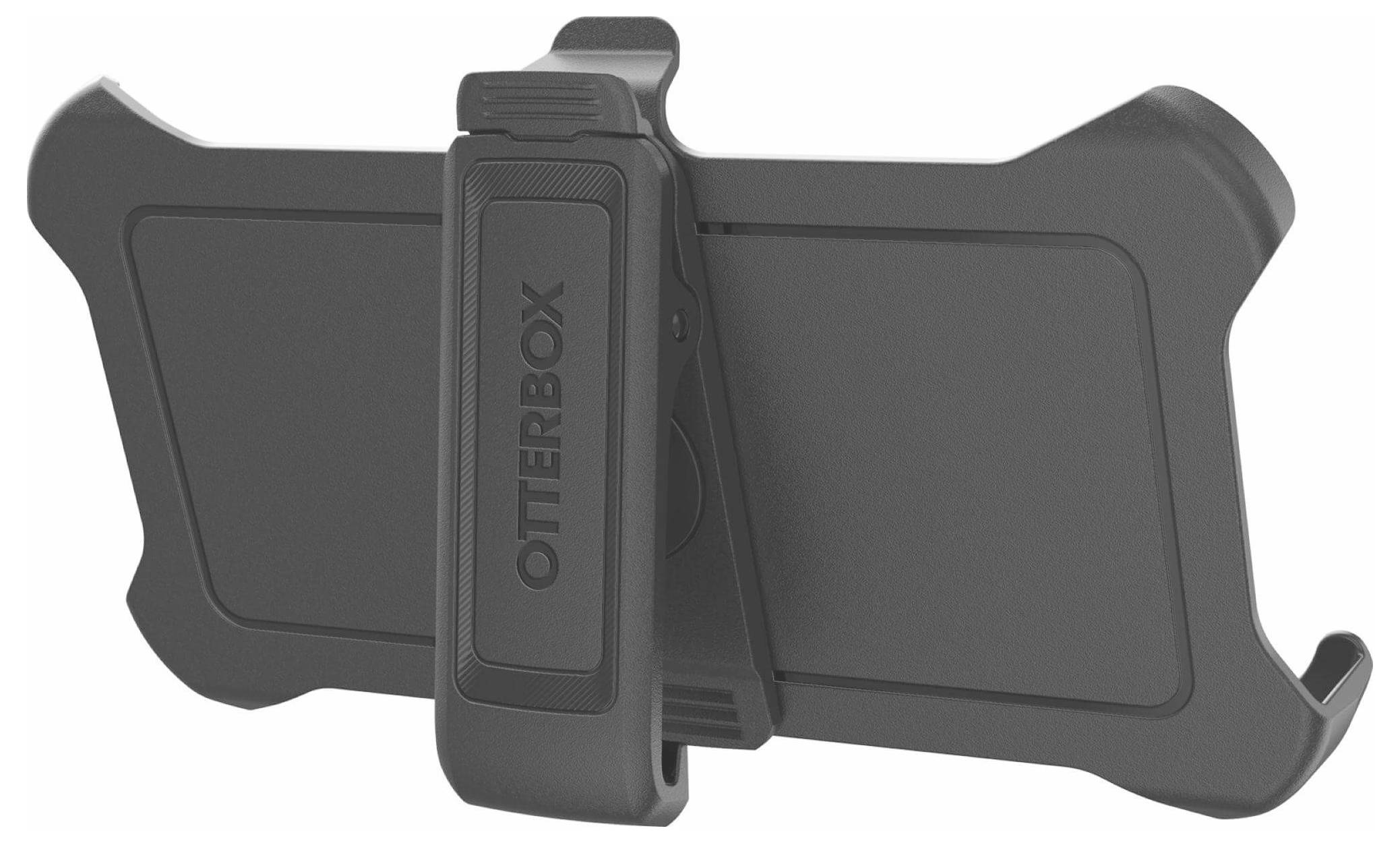 Čierny držiak na telefón OtterBox s klipom a nastaviteľným držiakom, zobrazený v prednom pohľade na bielom pozadí.