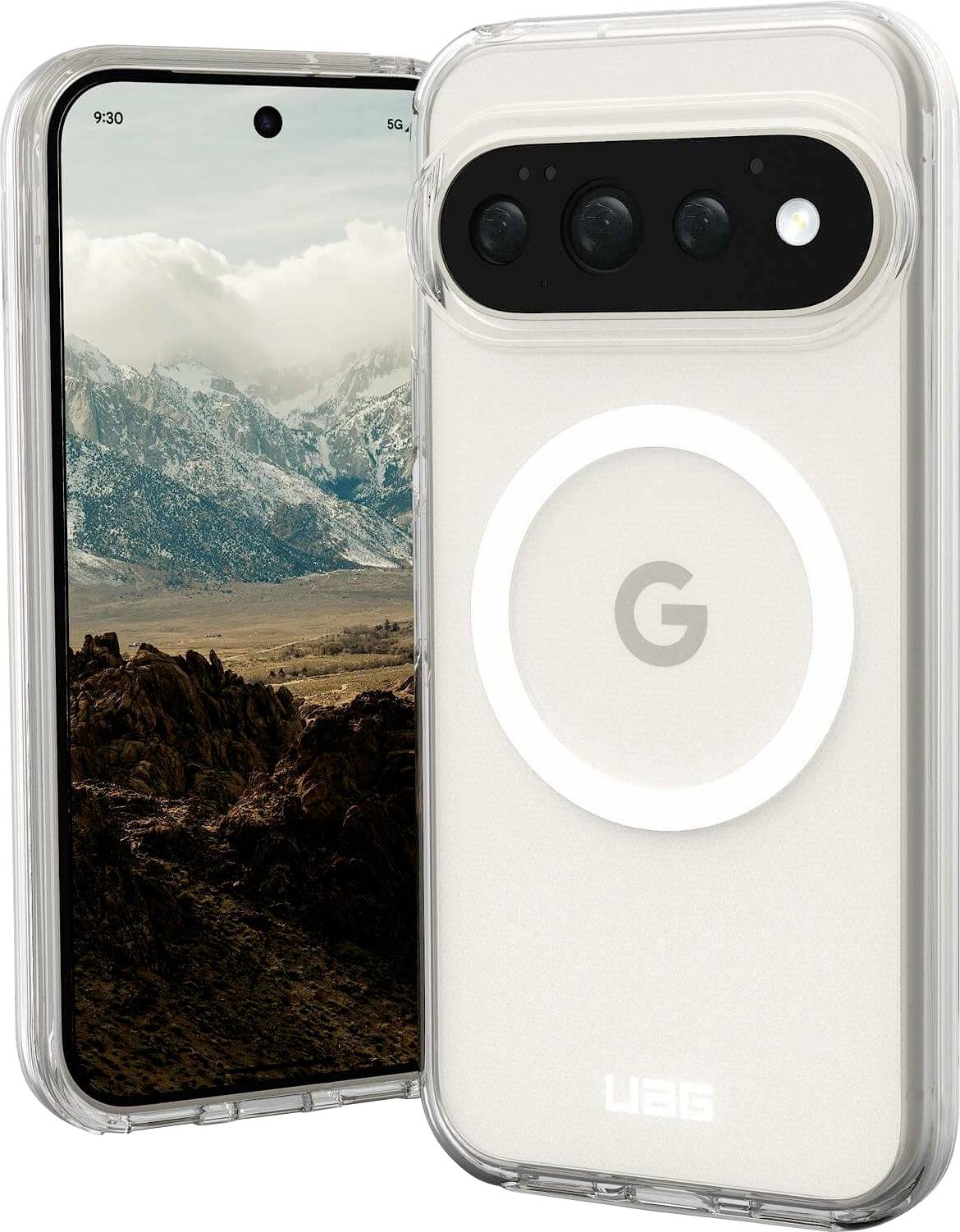 Transparentný kryt telefónu zobrazujúci predný a zadný pohľad na telefón Google Pixel s tapetou horskej krajiny a viditeľným pásom fotoaparátu a logom Google.