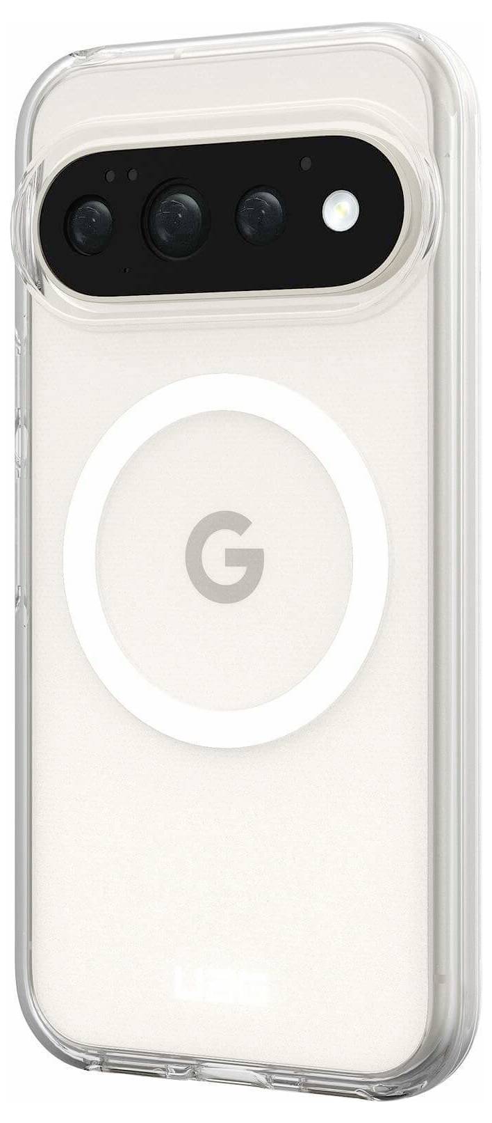 Číra puzdra na telefón zobrazujúca zadnú stranu bieleho telefónu Google Pixel s viditeľným kamerovým panelom a centrovaným logom Google 'G'.