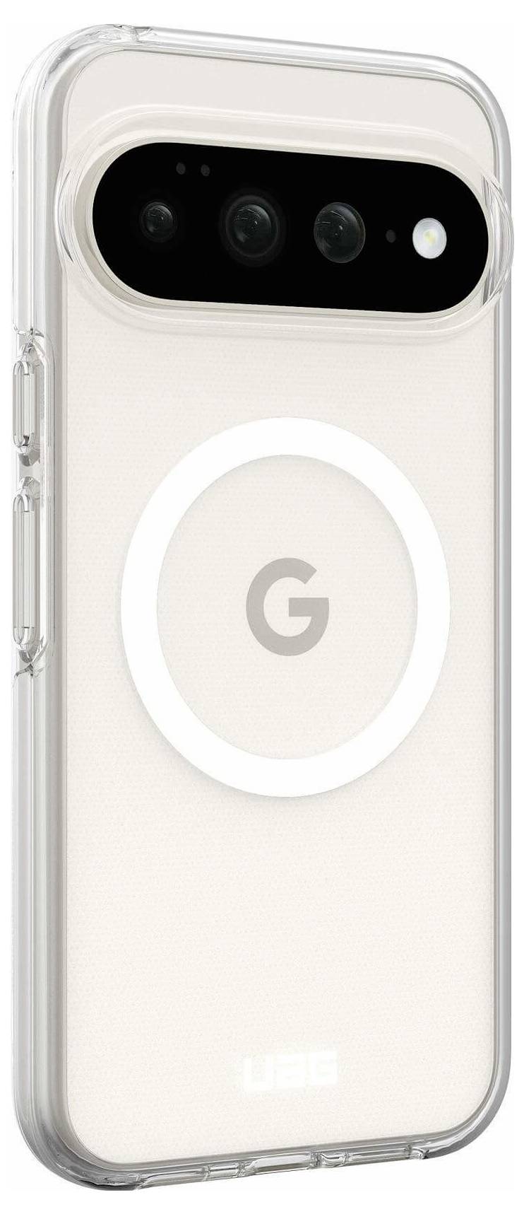 Biely telefón Google Pixel v priehľadnom ochrannom puzdre, ktorý zobrazuje zadný panel s kamerou a centrovane umiestnené logo 'G'.
