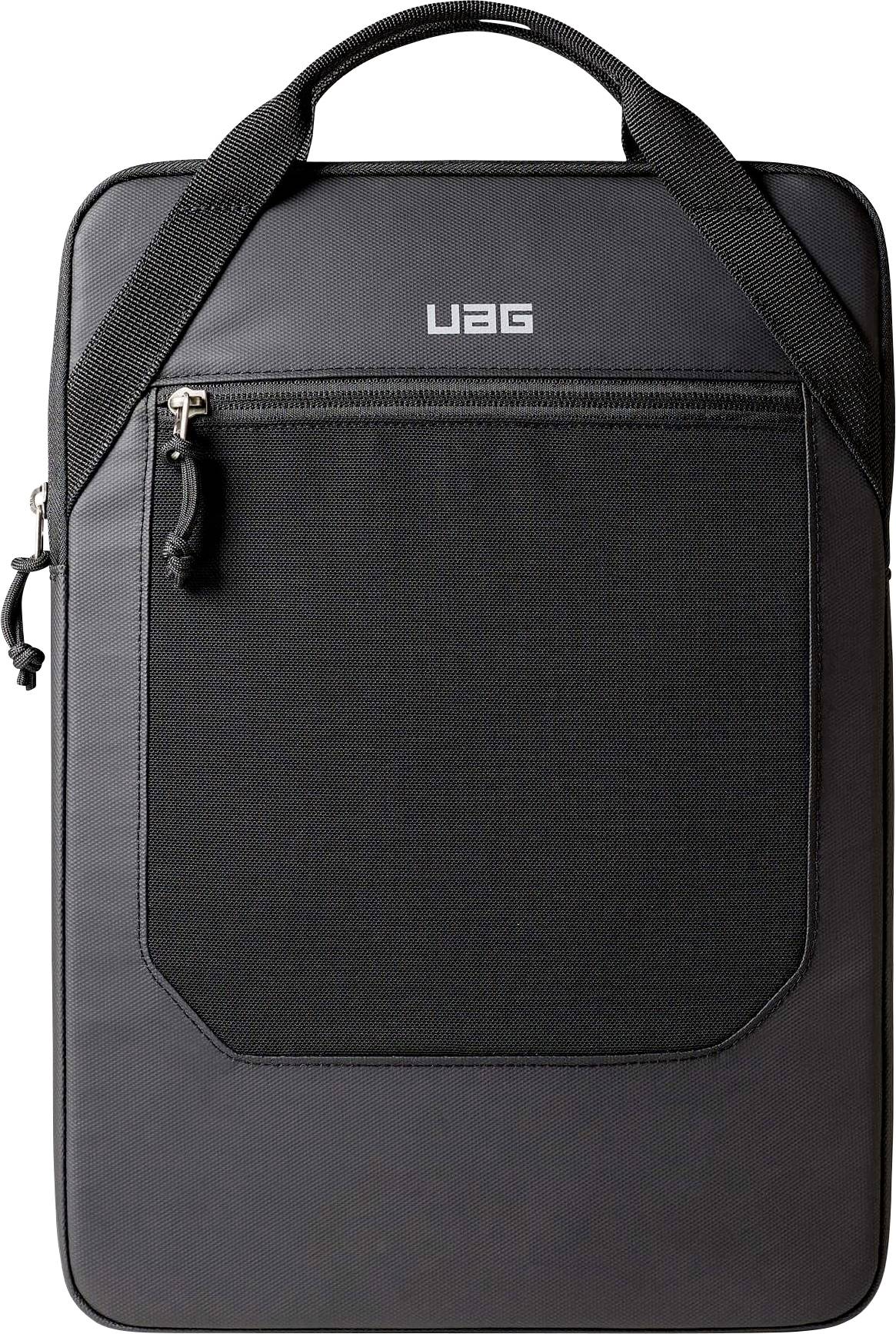 Čierne puzdro na laptop UAG s horným rukoväťou a predným zipsom na bielom pozadí.