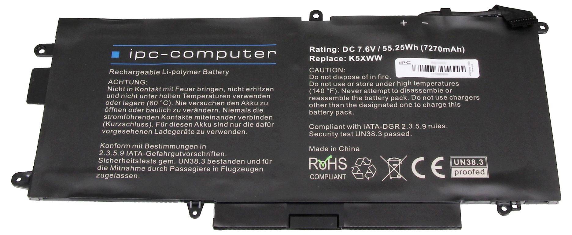 Čierna batéria do notebooku značky "ipc-computer" s technickými špecifikáciami a bezpečnostnými upozorneniami, hodnotená na DC 7,6V 55,25Wh, náhrada za K5XWW.