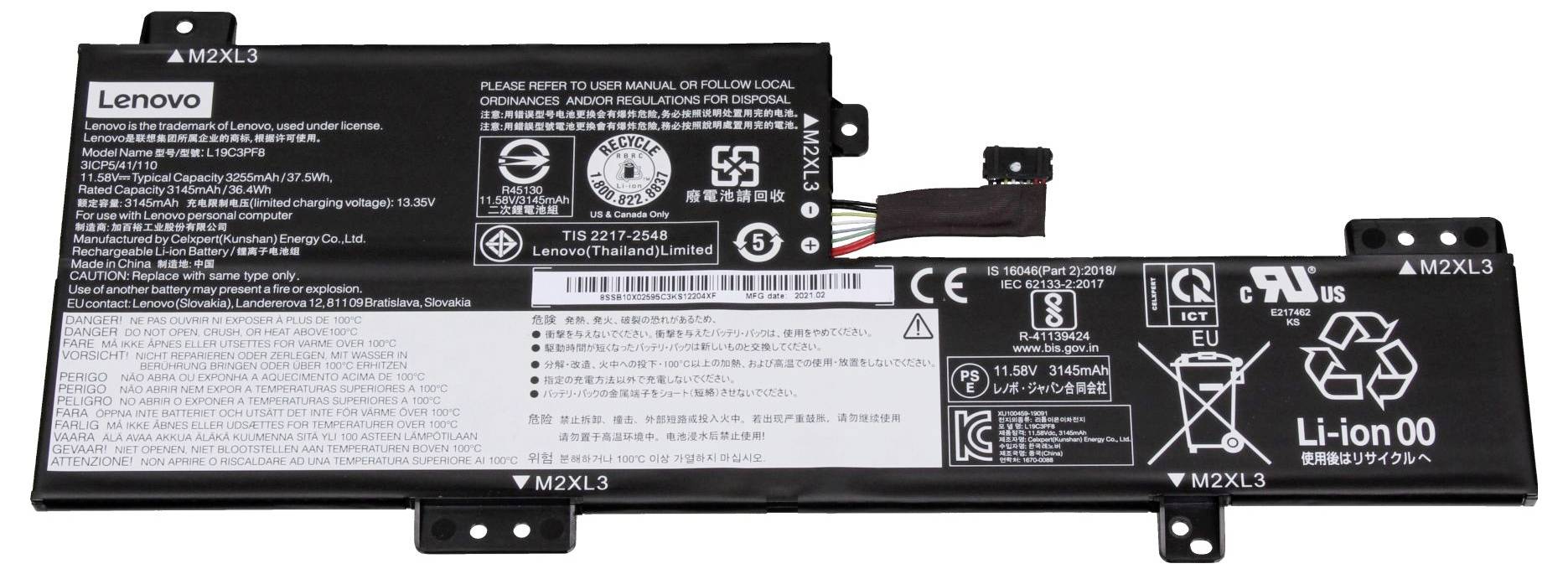 Čierna batéria pre notebook Lenovo s konektorom a vytlačenými špecifikáciami, varovnými symbolmi a ikonami na recykláciu Li-ion.