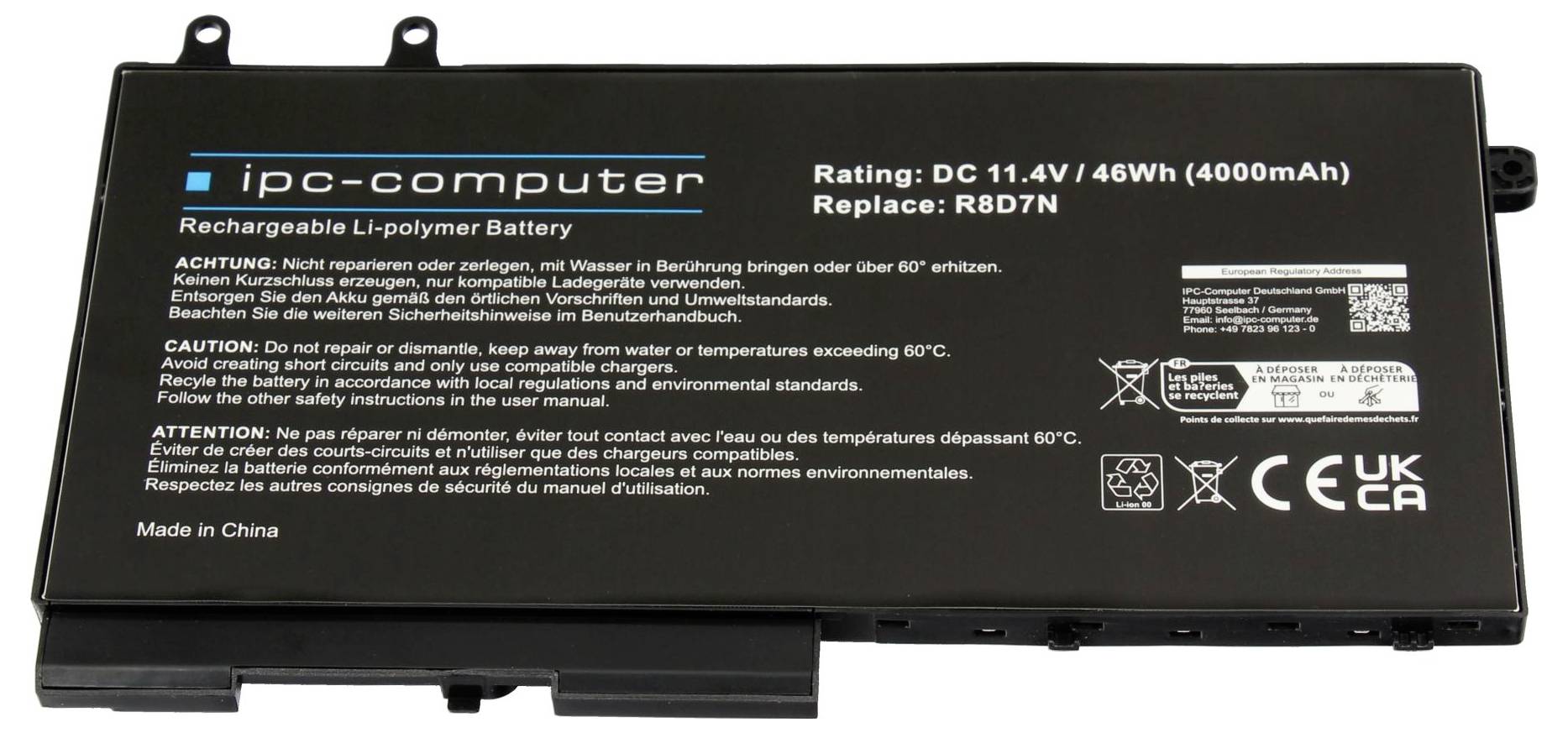 Čierna obdĺžniková batéria IPC-Computer s možnosťou nabíjania, lítium-polymérna batériová sada označená „Hodnotenie: DC 11,4V / 46Wh (4000mAh)" a „Výmena: R8D7N".