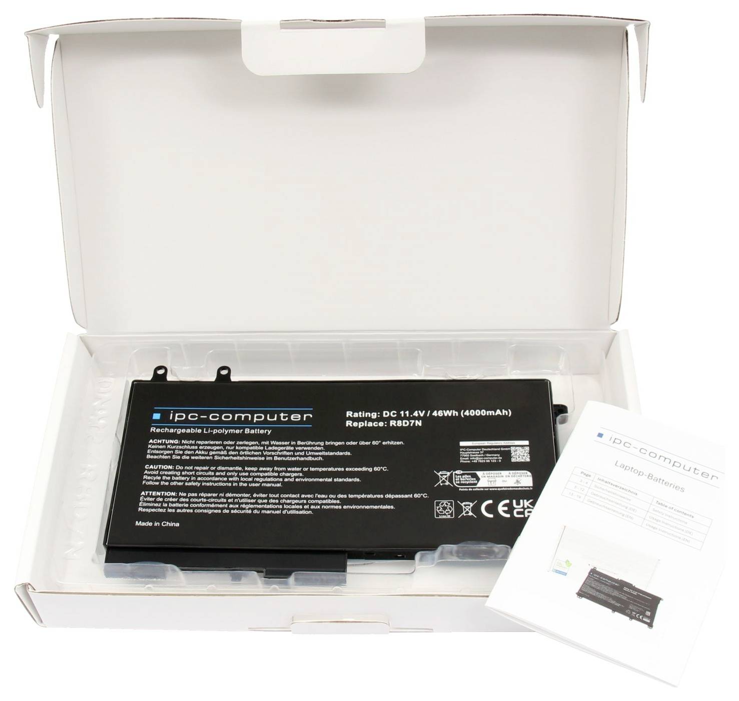 Batéria notebooku v otvorenej bielej krabici s príslušnou príručkou, označená "ipc-computer" a "Lithium Battery" pre MacBook Pro.