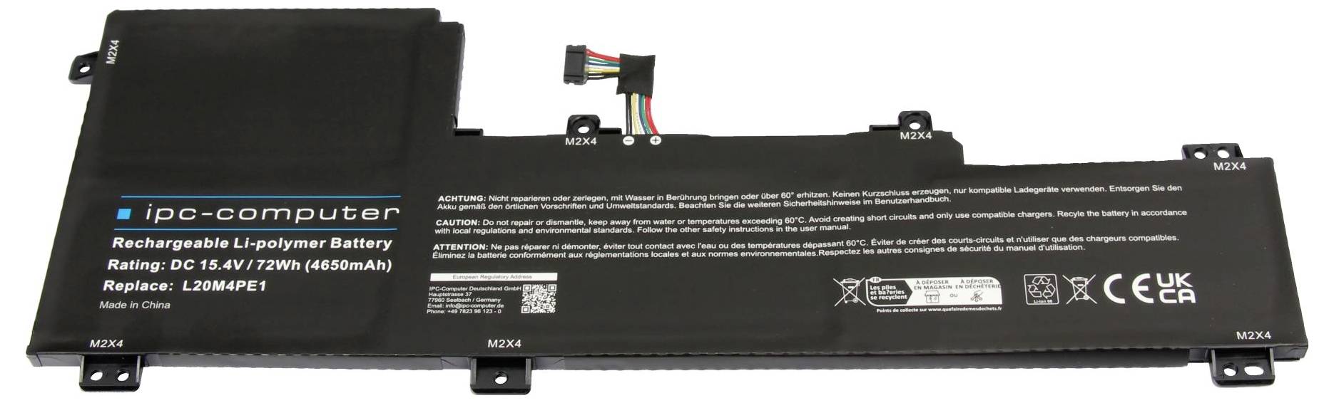 Čierna IPC-počítačová nabíjateľná lítium-polymérna batéria, označená DC 15,4V, 72Wh, 4850mAh, s konektorovými vodičmi.