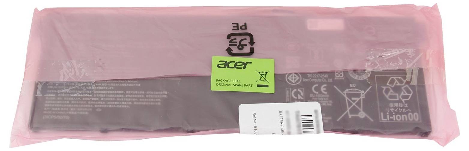 Batéria do notebooku Acer zabalená v ružovom antistatickám obale so zeleným štítkom Acer a nálepkou s čiarovým kódom.