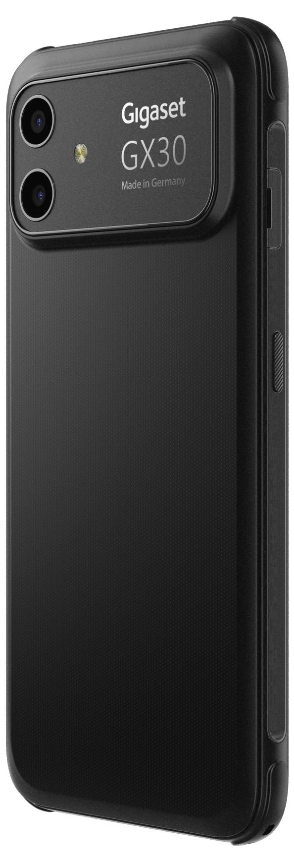 Čierny smartphone Gigaset GX30 zobrazený zozadu s duálnymi zadnými kamerami a nápisom "Made in Germany".