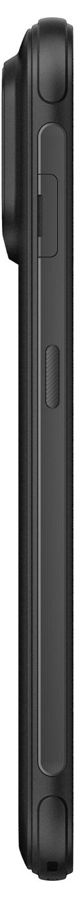 Bočný pohľad na čierny smartphone, zobrazujúci jeho tenký profil a bočné tlačidlá.