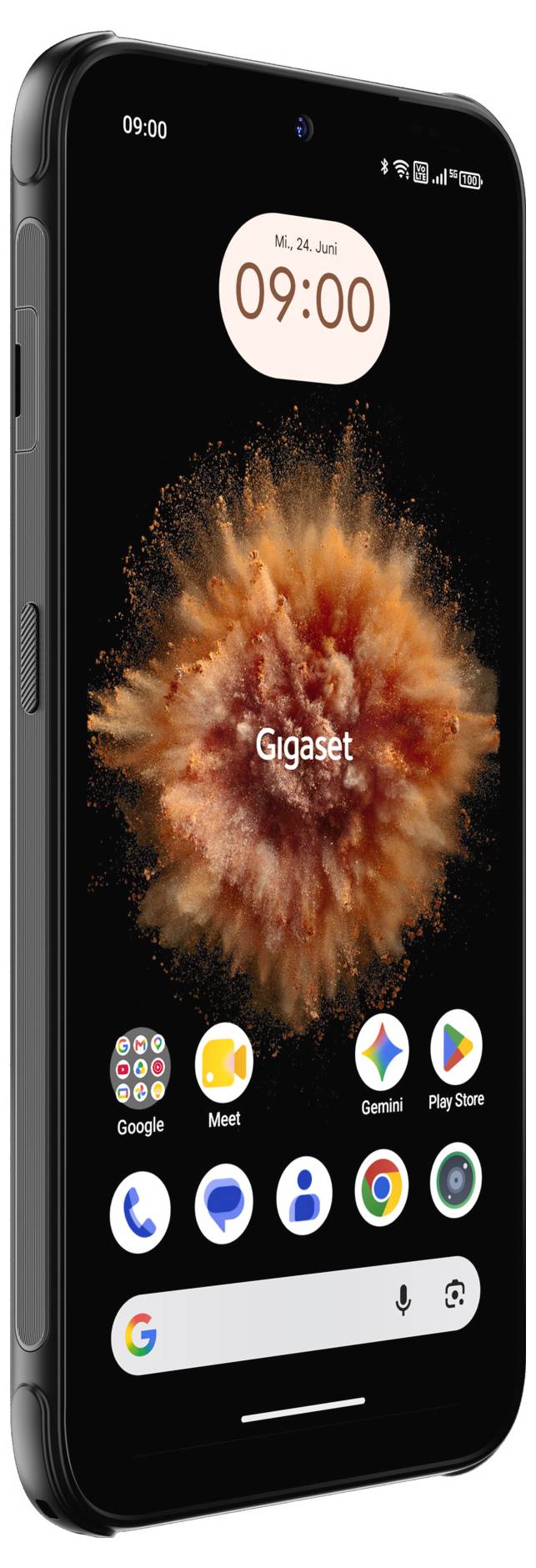 Čierny smartfón zobrazujúci domovskú obrazovku s widgetom hodín 9:00, oranžovou abstraktnou tapetou a ikonami aplikácií vrátane Googlu, Meet, Gemini, Play Store, Chrome a Photos.