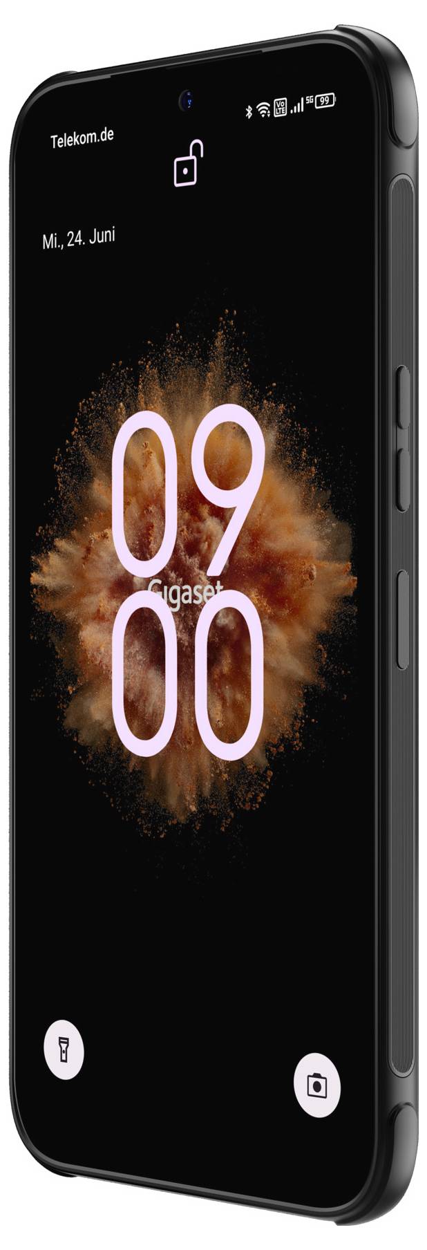 Obrazovka zámku smartfónu zobrazuje „09 00" cez oranžový výbuch na čiernom pozadí, s dátumom „Mi, 24. Juni" a malými ikonami zámku, baterky a fotoaparátu.