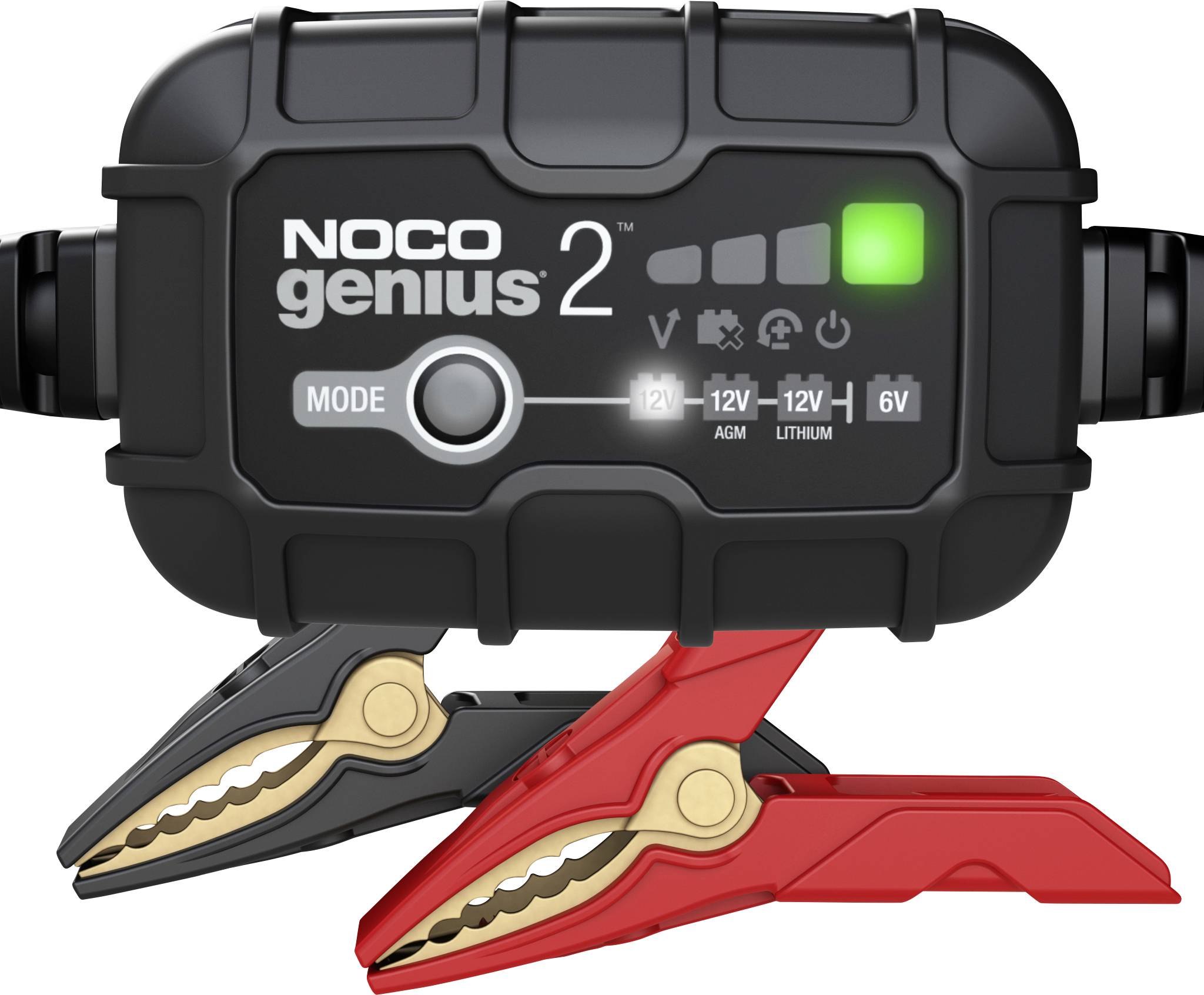 NOCO Genius 2 nabíjačka batérií s dvoma pripojenými svorkami, ktorá zobrazuje rozsvietený zelený indikátor stavu a nastavenia režimov pre batérie 6V, 12V, AGM a lítiové batérie.