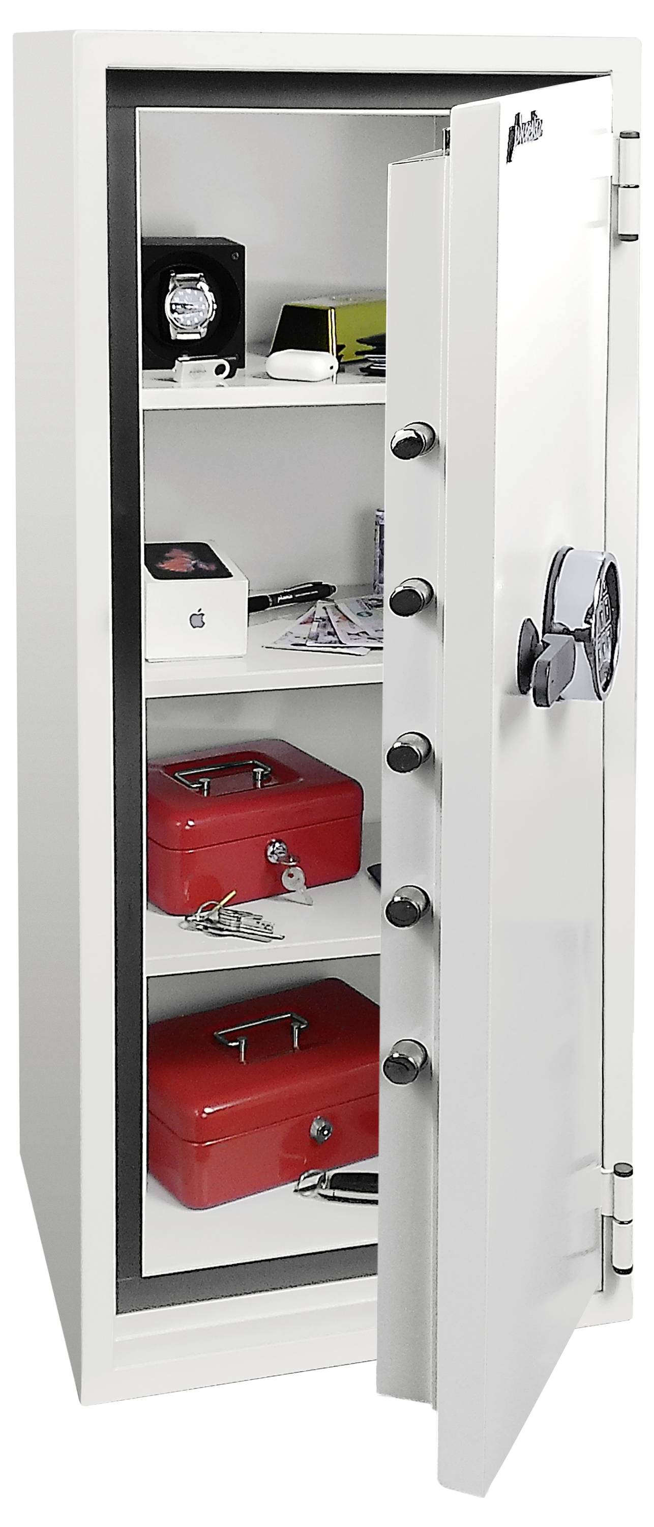 Otvoriť biely bezpečný trezor s policami, na ktorých sa nachádza krabica na hodinky, papiere, laptop a dva červené uzamykateľné boxy; dvere sú otvorené.